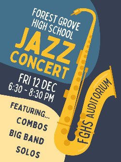 graphic of a saxophone and details of concert 